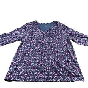 Catherines Purple Gray Floral Print 3/4 Sleeve V-Neck Blouse Top 14/16W‎